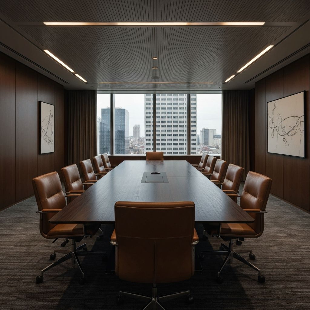 Sala de reuniões do escritório Elia Advogados em São Paulo, ambiente corporativo com vista panorâmica